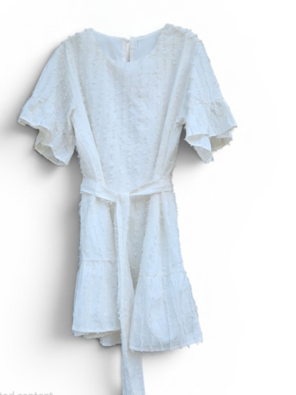 Boho Mini Dress Flutter Sleeve White Eyelet Textured P2P 20"